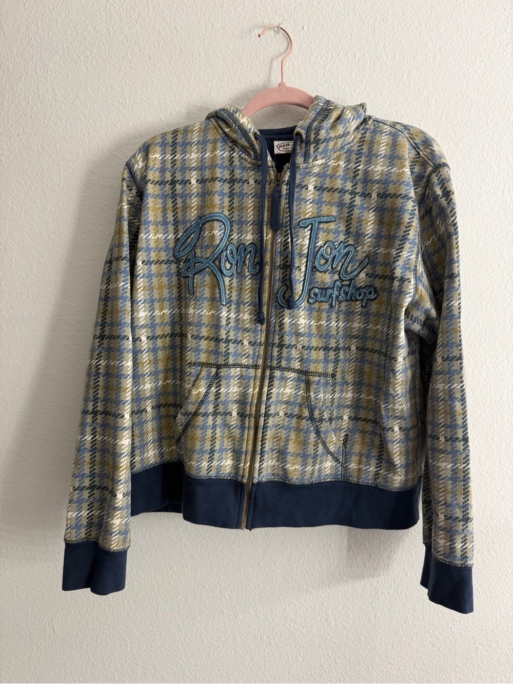 Vintage Y2K Ron Jon Surf Shop Plaid Zip Up Hoodie Sweatshirt Blue Tan XL
